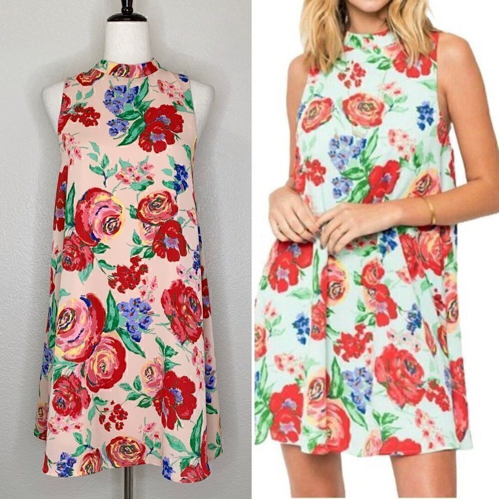 Everly Boho Floral Sleeveless High-Neck Swing Dress, Sz Small